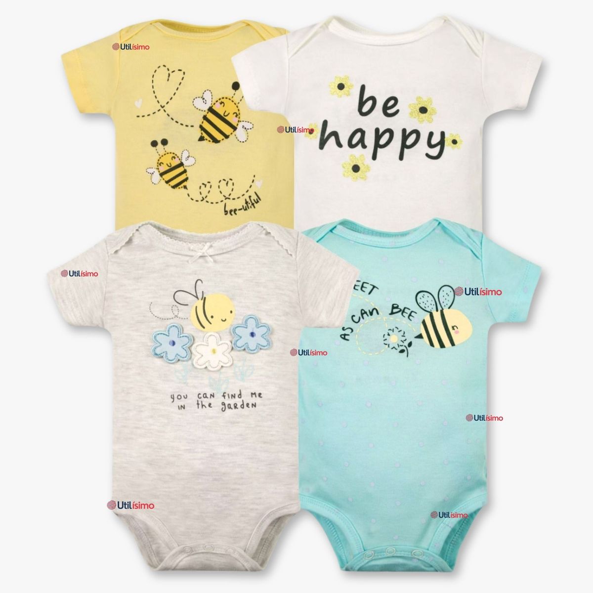 TEDMIMAK - Pack 4 Bodys Niña Manga Corta Tedmimak 100% Algodón Little bee