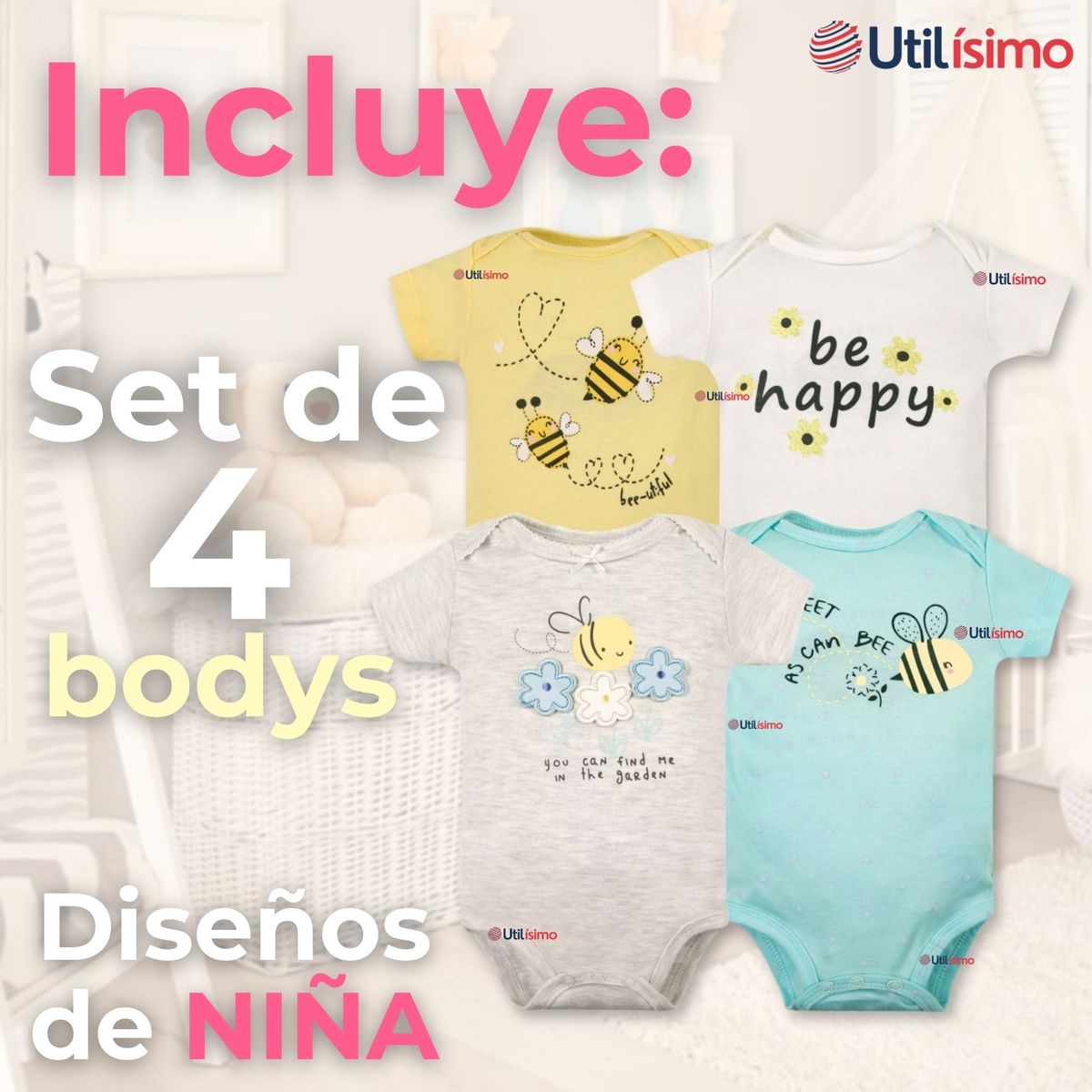 TEDMIMAK - Pack 4 Bodys Niña Manga Corta Tedmimak 100% Algodón Little bee