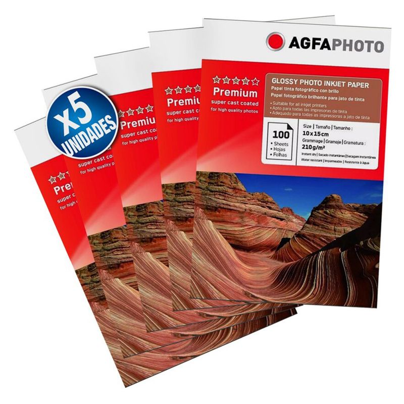 AGFA - Pack X5 Papel Glossy Agfa 10X15 210Gr 500 Hojas