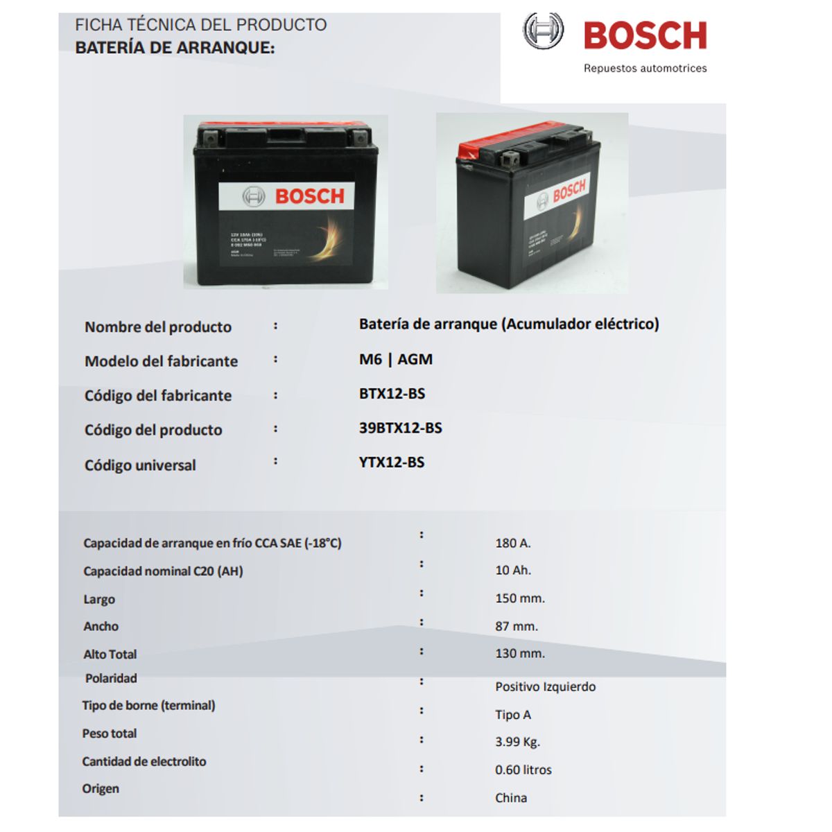 BOSCH - Batería Para Moto Btx12-bs Ytx12-bs  Htx12-bs 12v 10ah