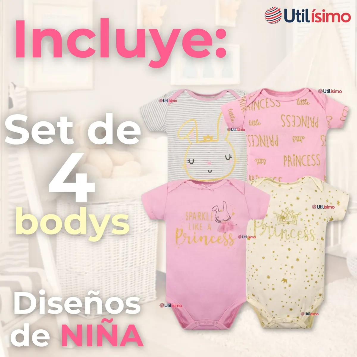 TEDMIMAK - Pack 4 Bodys Manga Corta Tedmimak 100% Algodón Sparkle Like a Princess