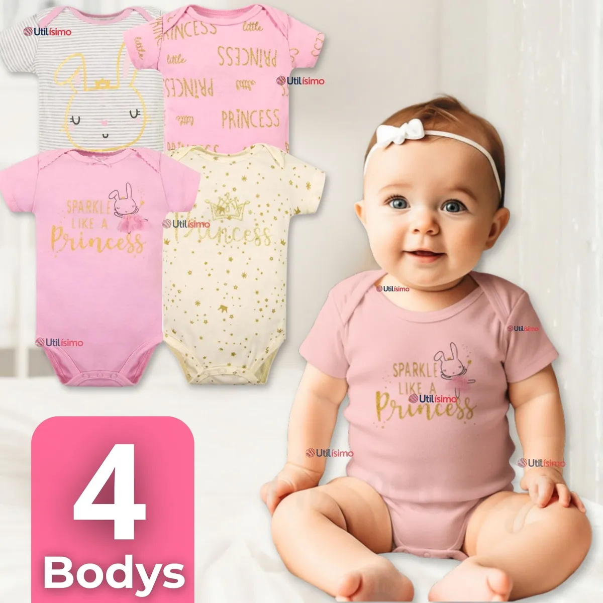 TEDMIMAK - Pack 4 Bodys Manga Corta Tedmimak 100% Algodón Sparkle Like a Princess