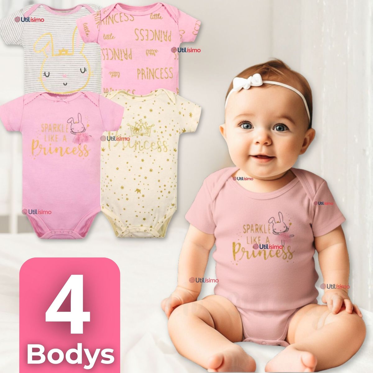 TEDMIMAK - Pack 4 Bodys Manga Corta Tedmimak 100% Algodón Sparkle Like a Princess