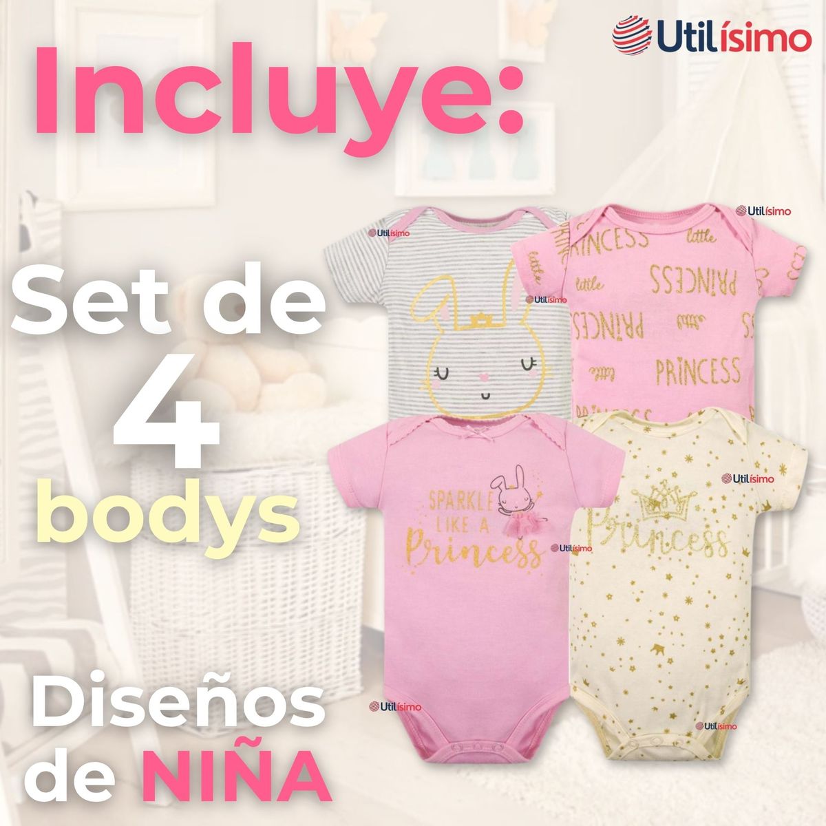 TEDMIMAK - Pack 4 Bodys Manga Corta Tedmimak 100% Algodón Sparkle Like a Princess