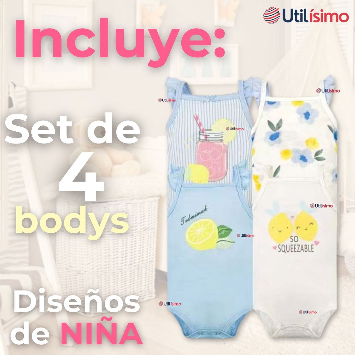 TEDMIMAK - Pack 4 Bodys Niña Sin Manga Tedmimak 100% Algodón Princess Summer