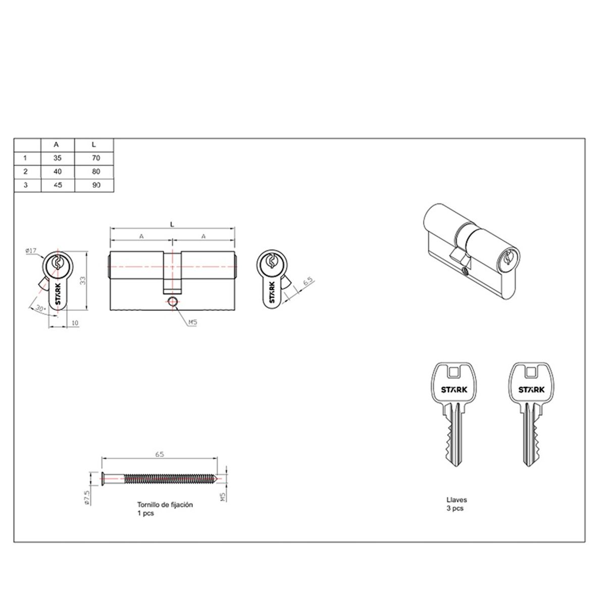 GENERICO - Cilindro 90 mm llavellave centrado Níquel satinado Stärk Design