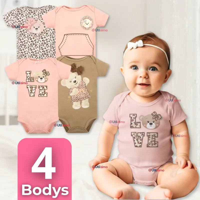 TEDMIMAK - Pack 4 Bodys Niña Manga Corta Tedmimak 100% Algodón Baby Bear