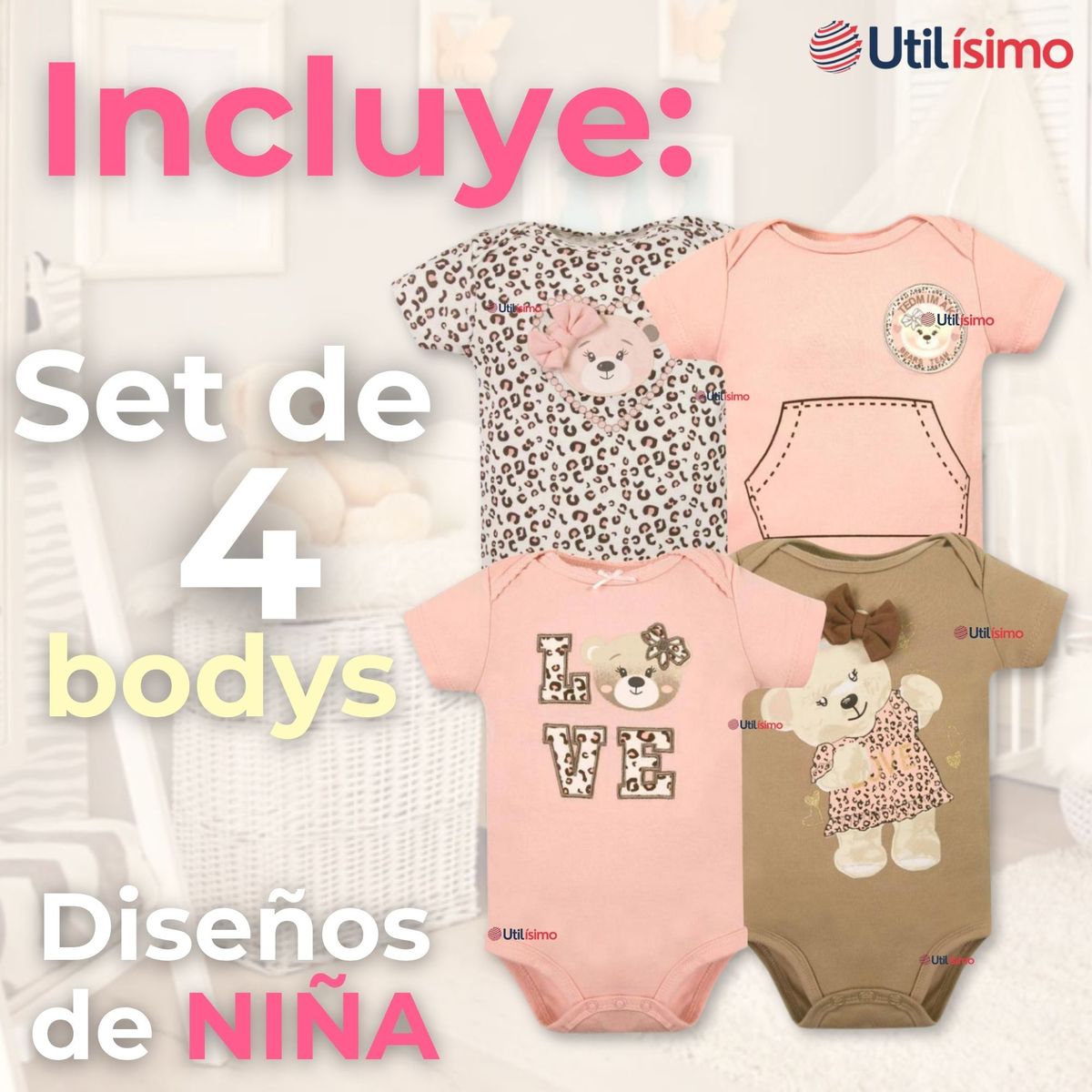 TEDMIMAK - Pack 4 Bodys Niña Manga Corta Tedmimak 100% Algodón Baby Bear