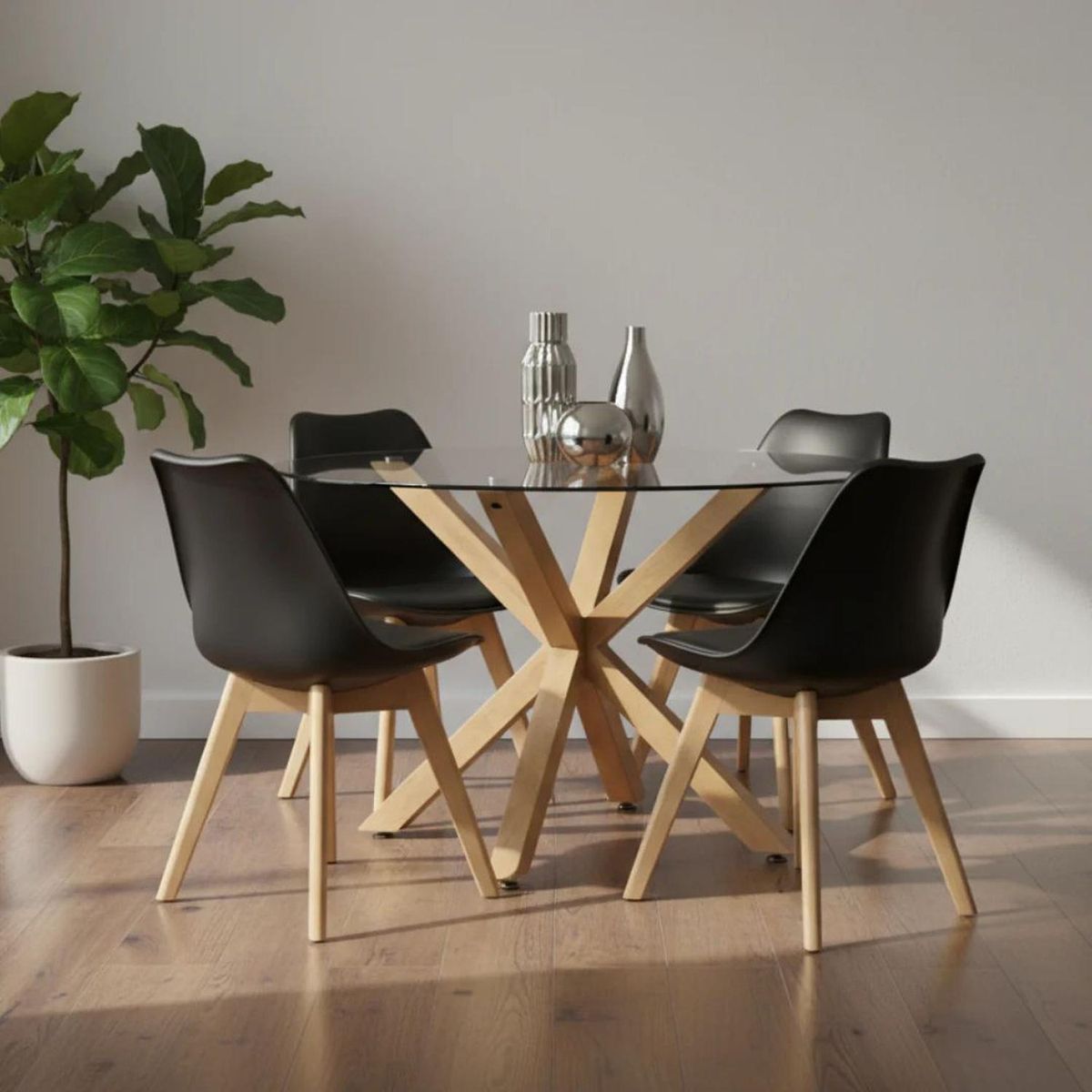 PANDALINO - Comedor Mesa Redonda Equiz 100cm + 4 Sillas Tulip Negro