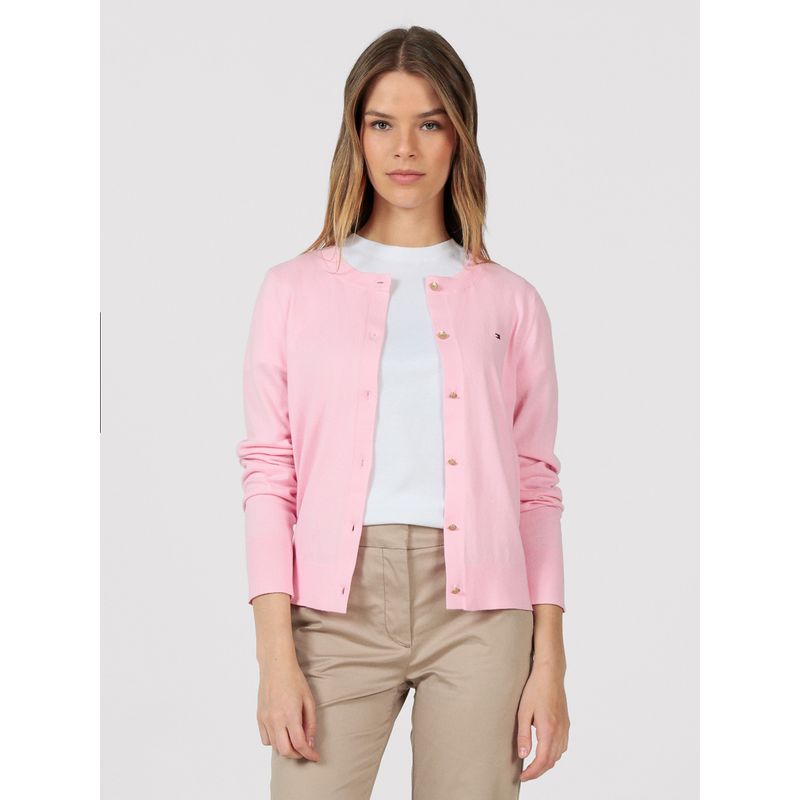 TOMMY HILFIGER - Cárdigan Essential Con Logo Rosado Tommy Hilfiger