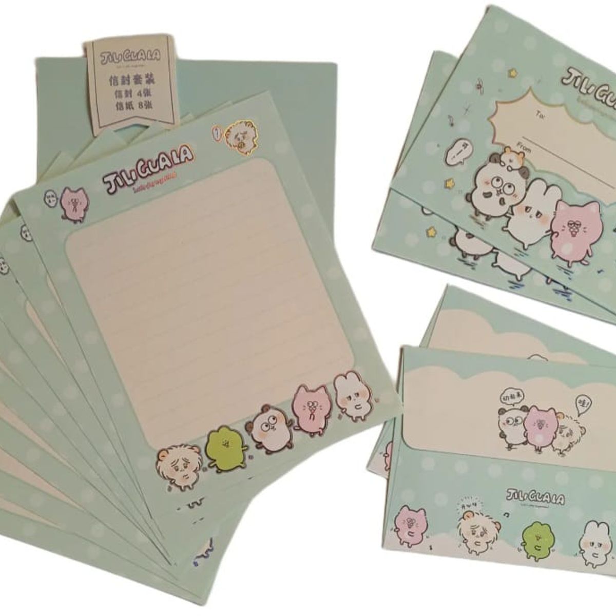 GENERICO - Set Esquela + Sobres  Cuadros Verde Menta  Papeleria Kawaii