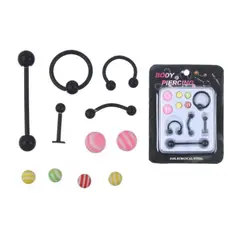 GENERICO - Set de Piercings con Bolas Rayadas Intercambiables Negro