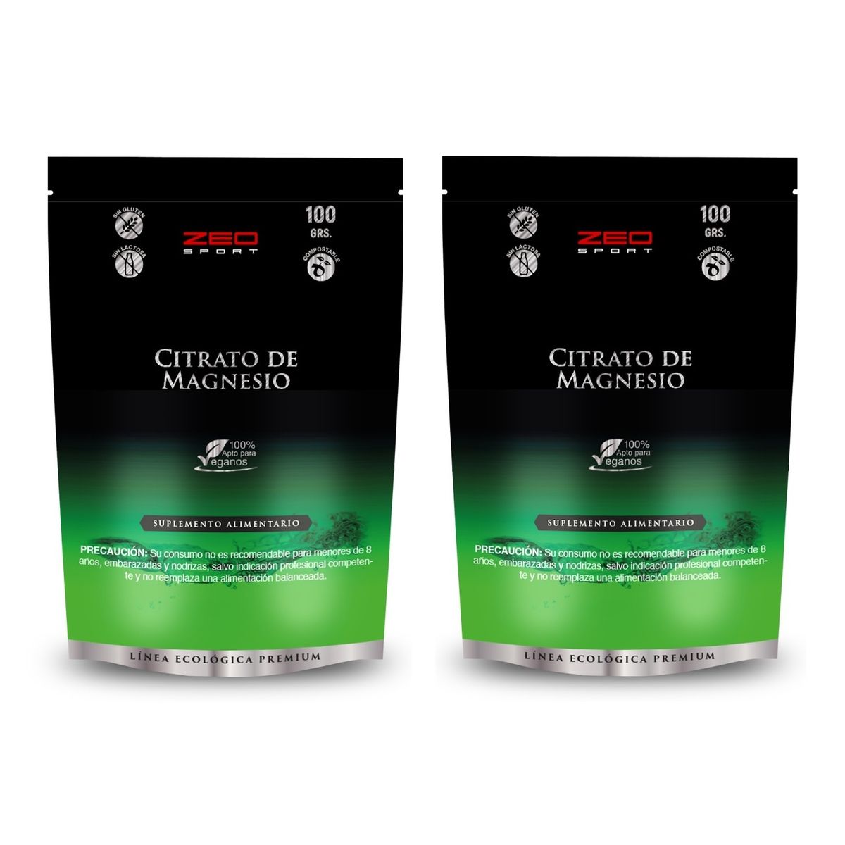ZEO SPORT - Pack Citrato De Magnesio Puro Polvo Zeo 200 Grs Doypack 2x100