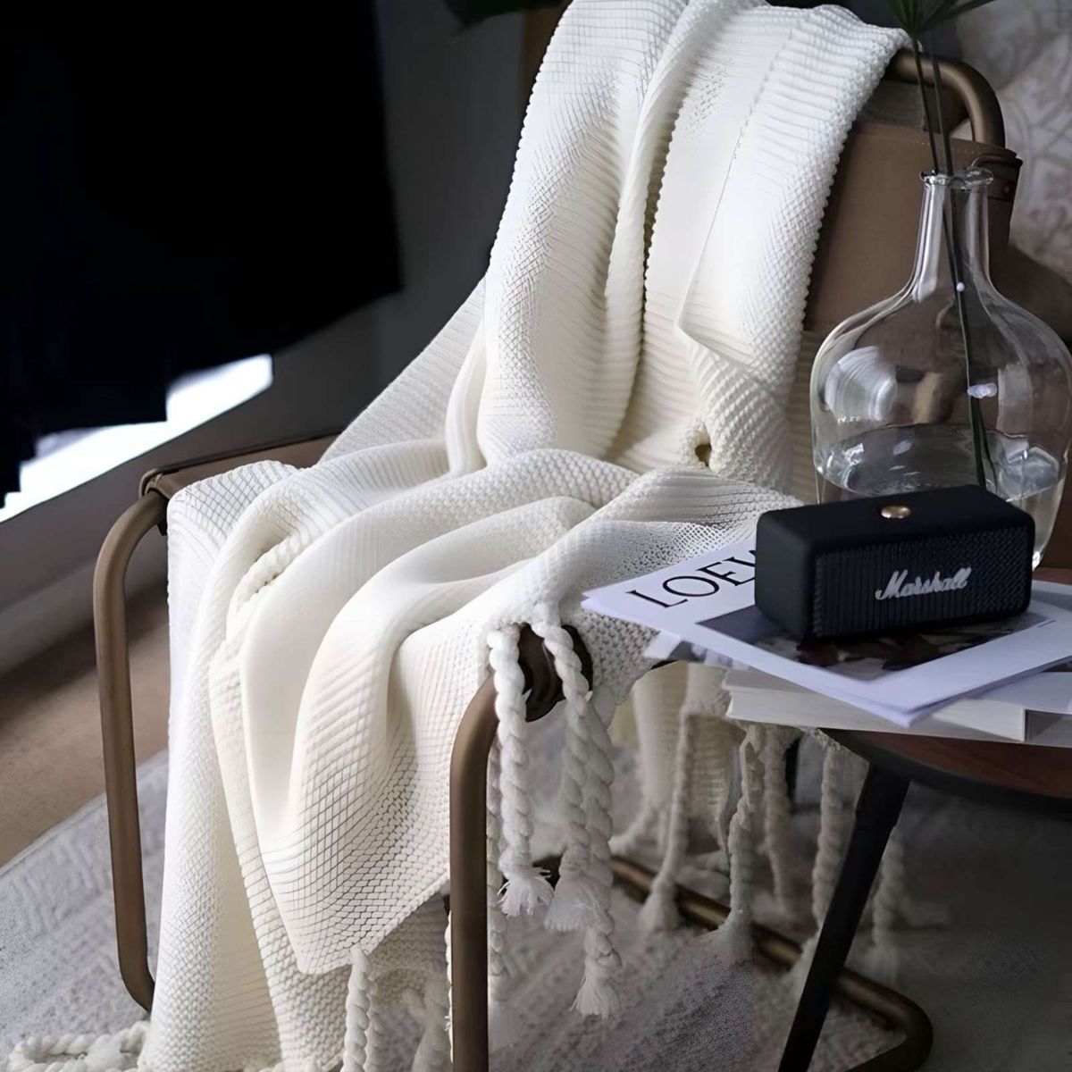 GENERICO - MANTA CON FLECOS DE SOGA DECORATIVA