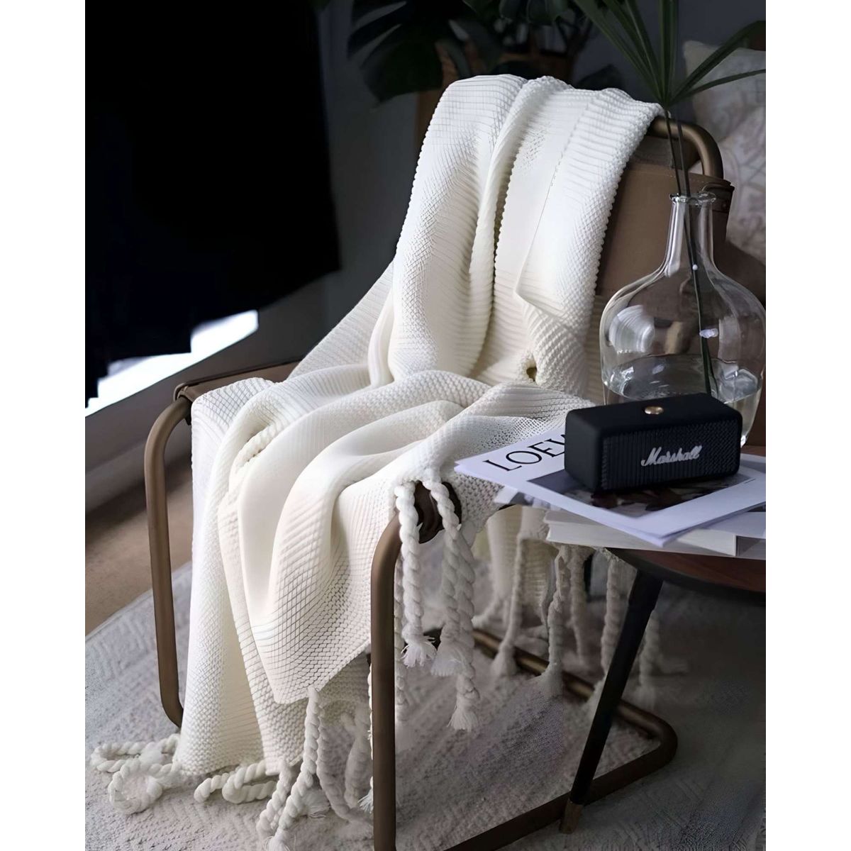 GENERICO - MANTA CON FLECOS DE SOGA DECORATIVA