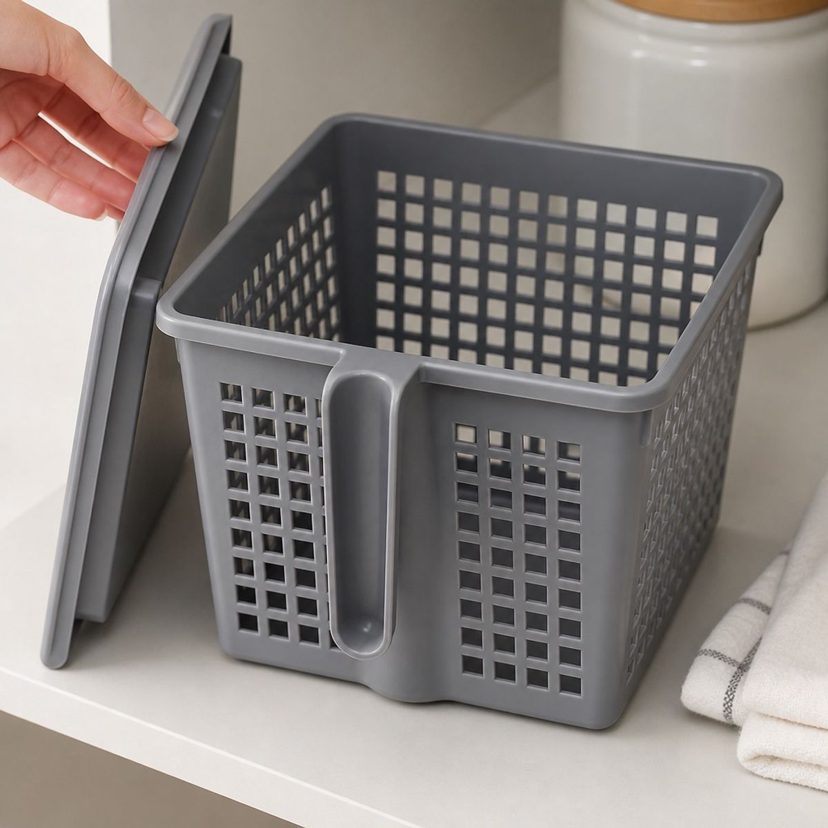 HOMESTAR - Cesta Organizadora Rectangular con Tapa - Gris