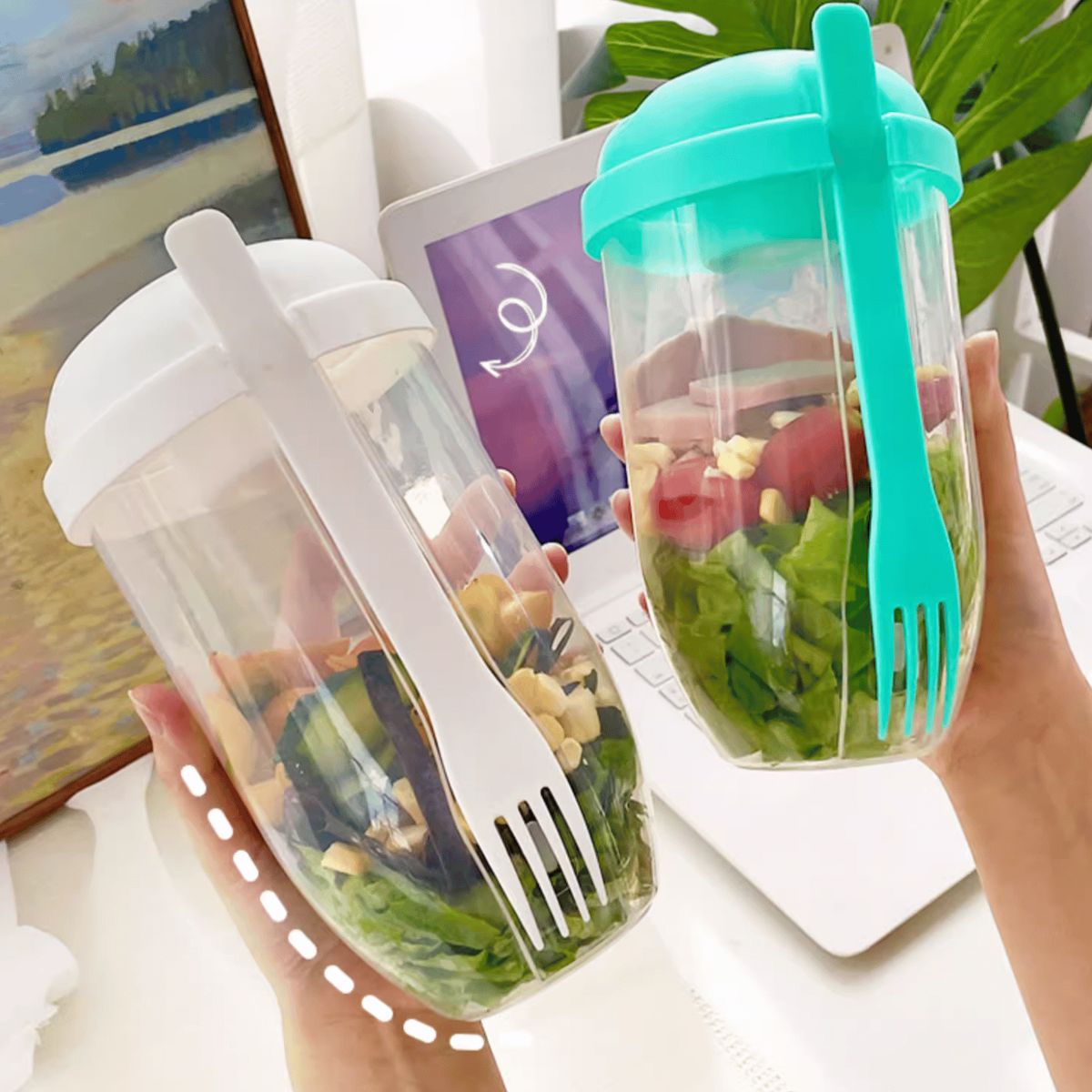 HOMESTAR - Vaso Portátil para Ensaladas y Colaciones con Tenedor - Azul