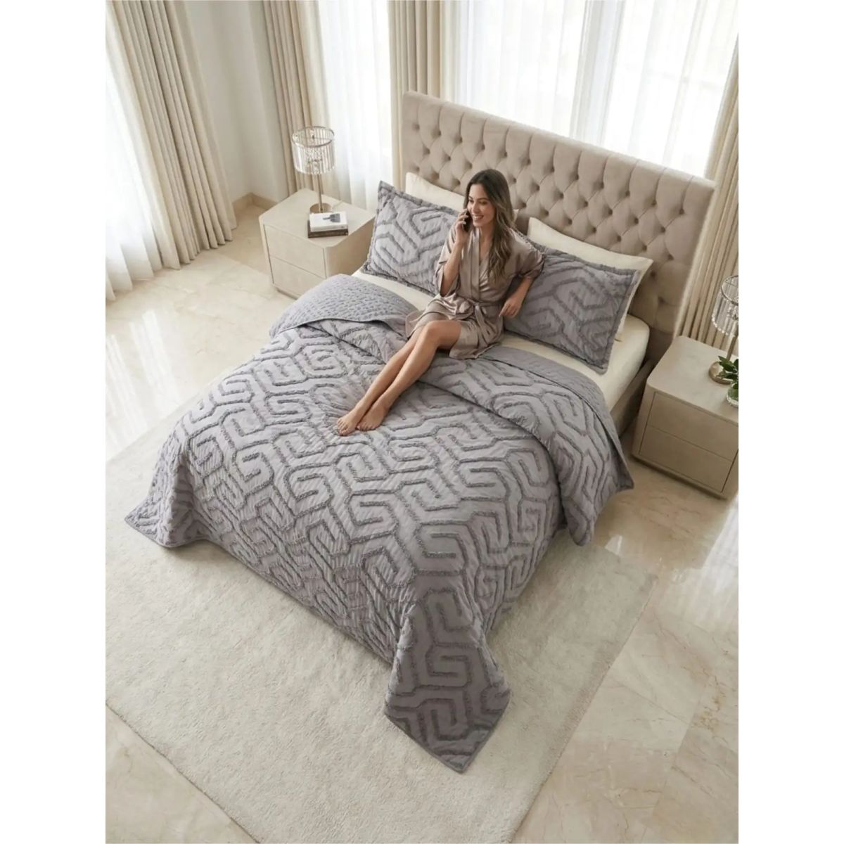GENERICO - CUBRECAMA QUILT VERANO TUFTING 2 PLAZAS GRIS