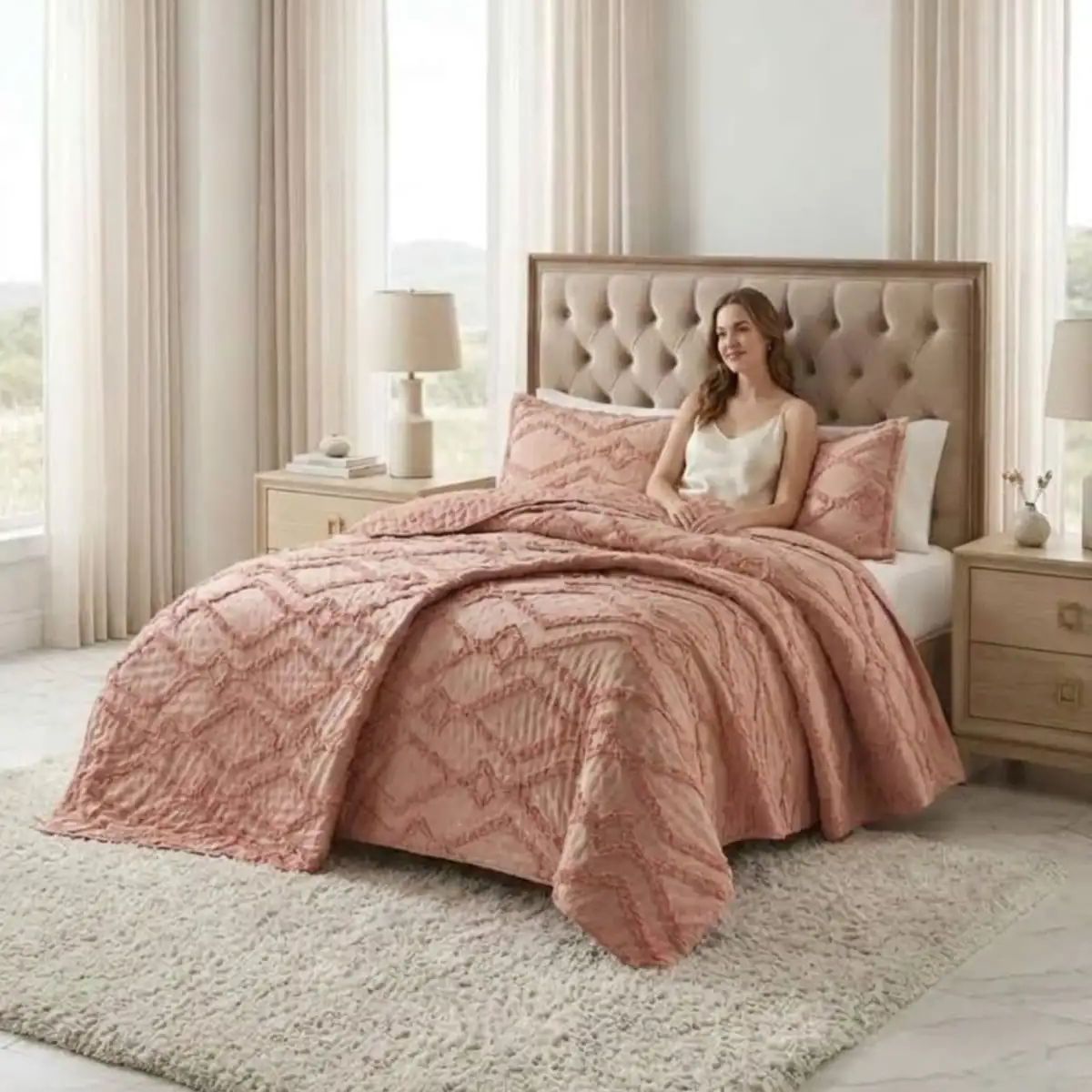 GENERICO - CUBRECAMA QUILT VERANO GEOMETRICO TUFTING 2 PLAZAS ROSADO
