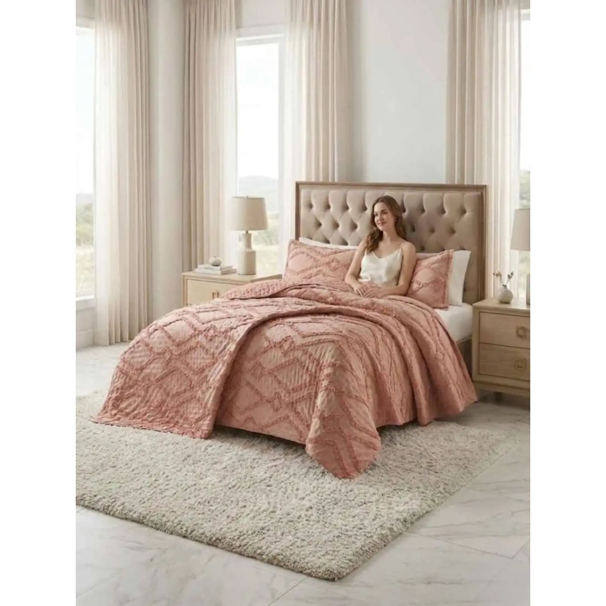 GENERICO - CUBRECAMA QUILT VERANO GEOMETRICO TUFTING 2 PLAZAS ROSADO