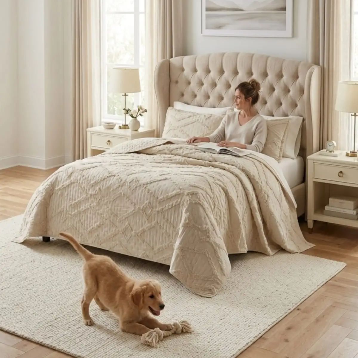 GENERICO - CUBRECAMA QUILT VERANO GEOMETRICO TUFTING 2 PLAZAS BEIGE