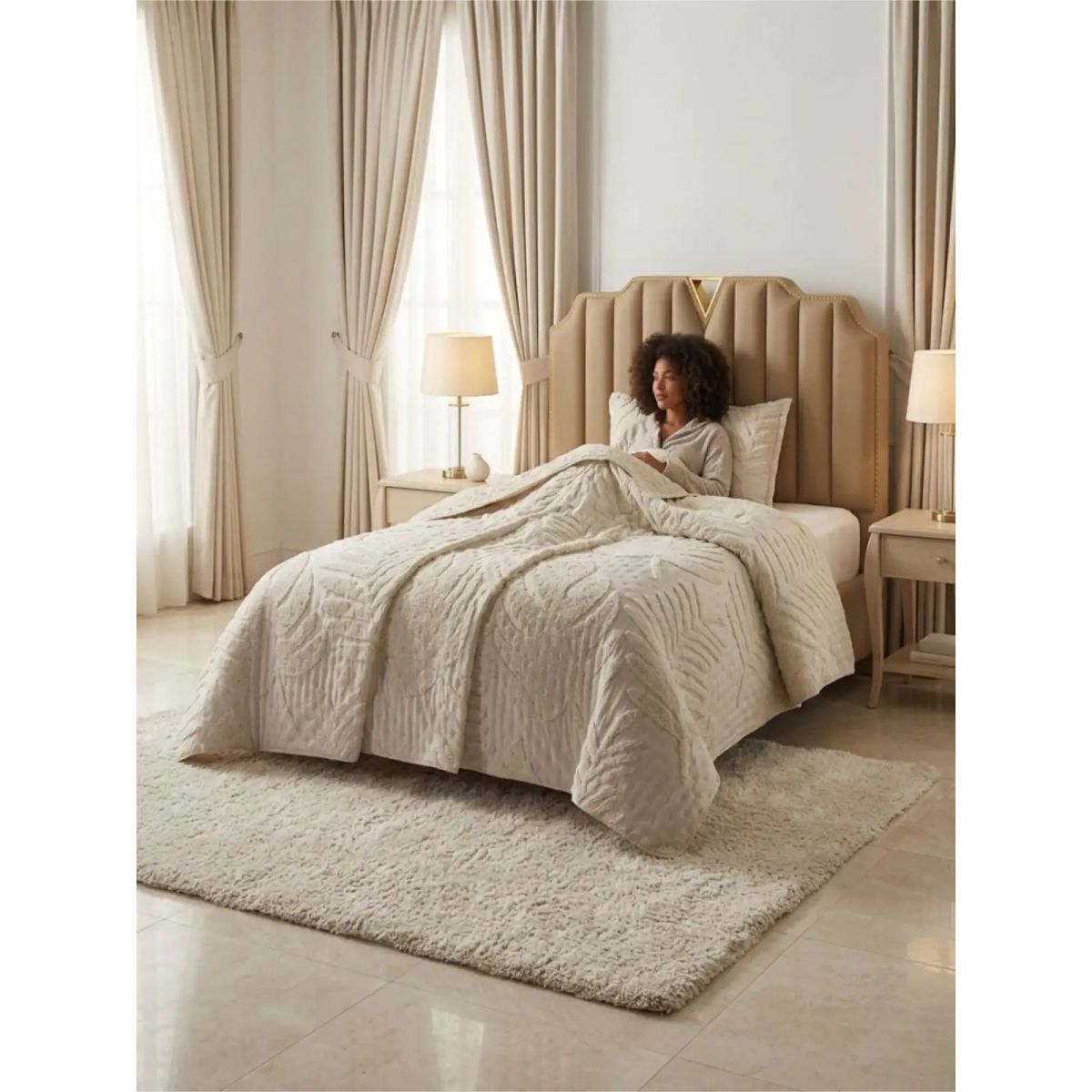 GENERICO - CUBRECAMA QUILT VERANO HOJA TUFTING PLAZA Y MEDIA BEIGE