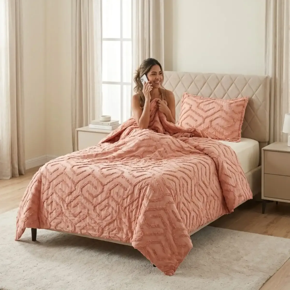 GENERICO - COBERTOR QUILT VERANO TUFTING PLAZA Y MEDIA ROSADO