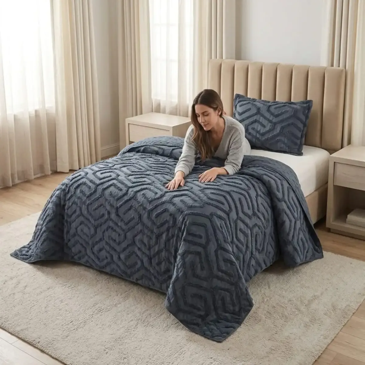 GENERICO - COBERTOR QUILT VERANO TUFTING 2 PLAZAS GRIS OSCURO