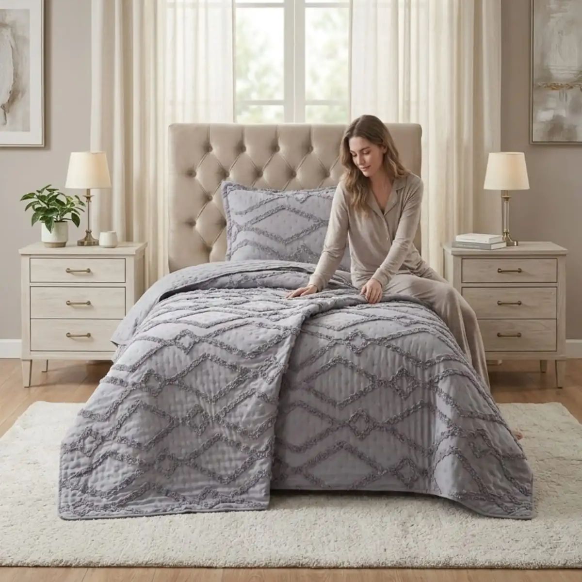 GENERICO - COBERTOR QUILT VERANO GEOMETRICO TUFTING PLAZA Y MEDIA GRIS