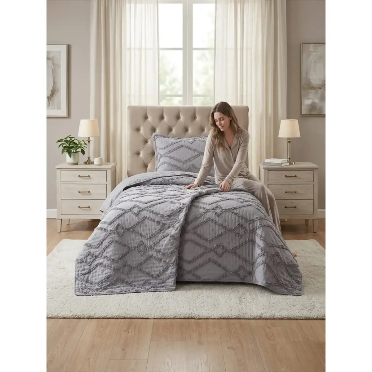 GENERICO - COBERTOR QUILT VERANO GEOMETRICO TUFTING PLAZA Y MEDIA GRIS