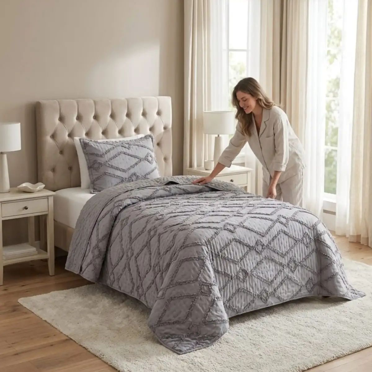 GENERICO - COBERTOR QUILT VERANO GEOMETRICO TUFTING PLAZA Y MEDIA GRIS