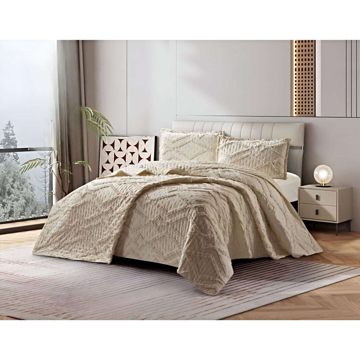 GENERICO - COBERTOR QUILT VERANO GEOMETRICO TUFTING PLAZA Y MEDIA BEIGE