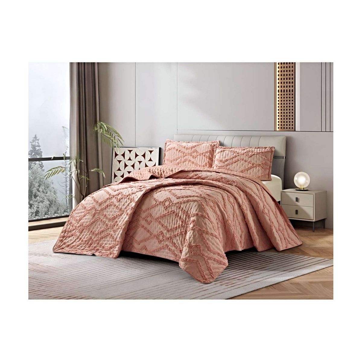 GENERICO - COBERTOR QUILT VERANO GEOMETRICO TUFTING 2 PLAZAS ROSADO