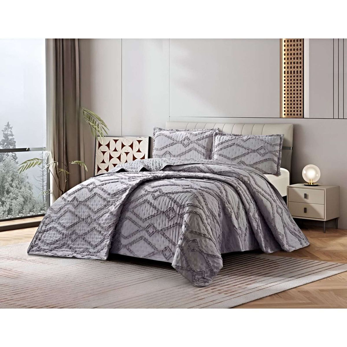 GENERICO - COBERTOR QUILT VERANO GEOMETRICO TUFTING KING-SUPERKING GRIS