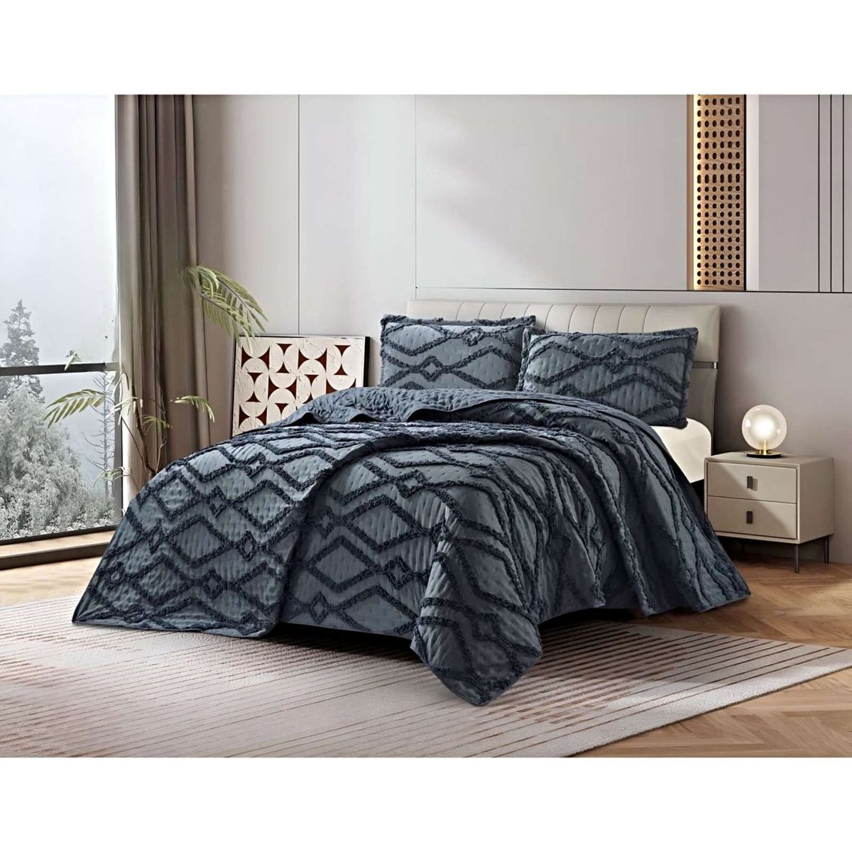 GENERICO - COBERTOR QUILT VERANO GEOMETRICO TUFTING KING-SUPERKING GRIS
