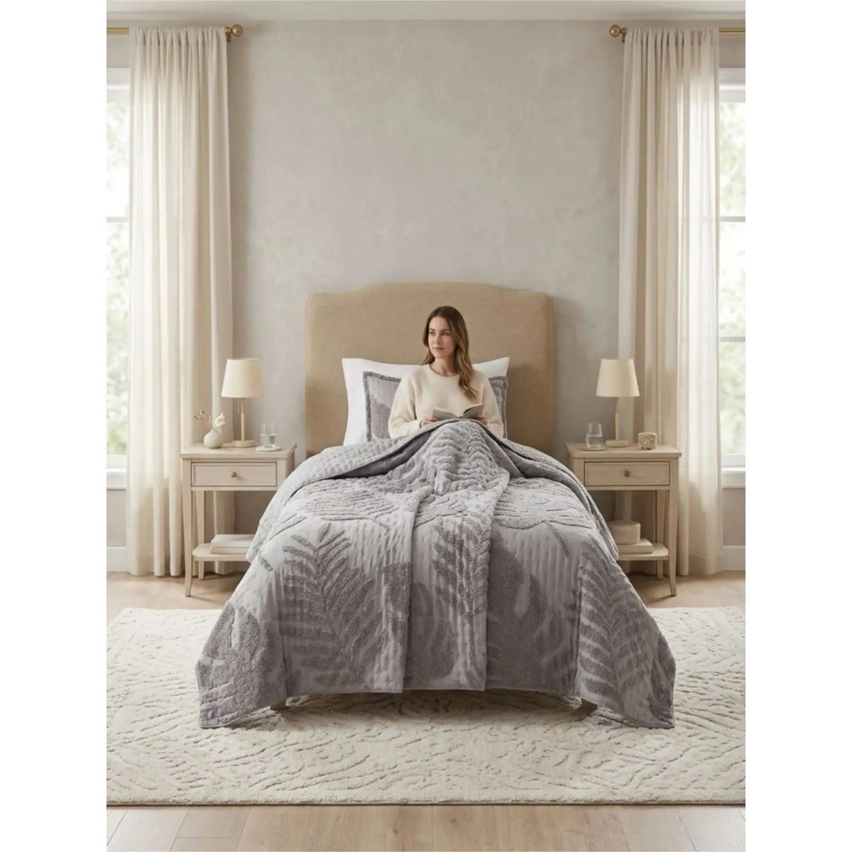 GENERICO - COBERTOR QUILT VERANO HOJA TUFTING PLAZA Y MEDIA GRIS