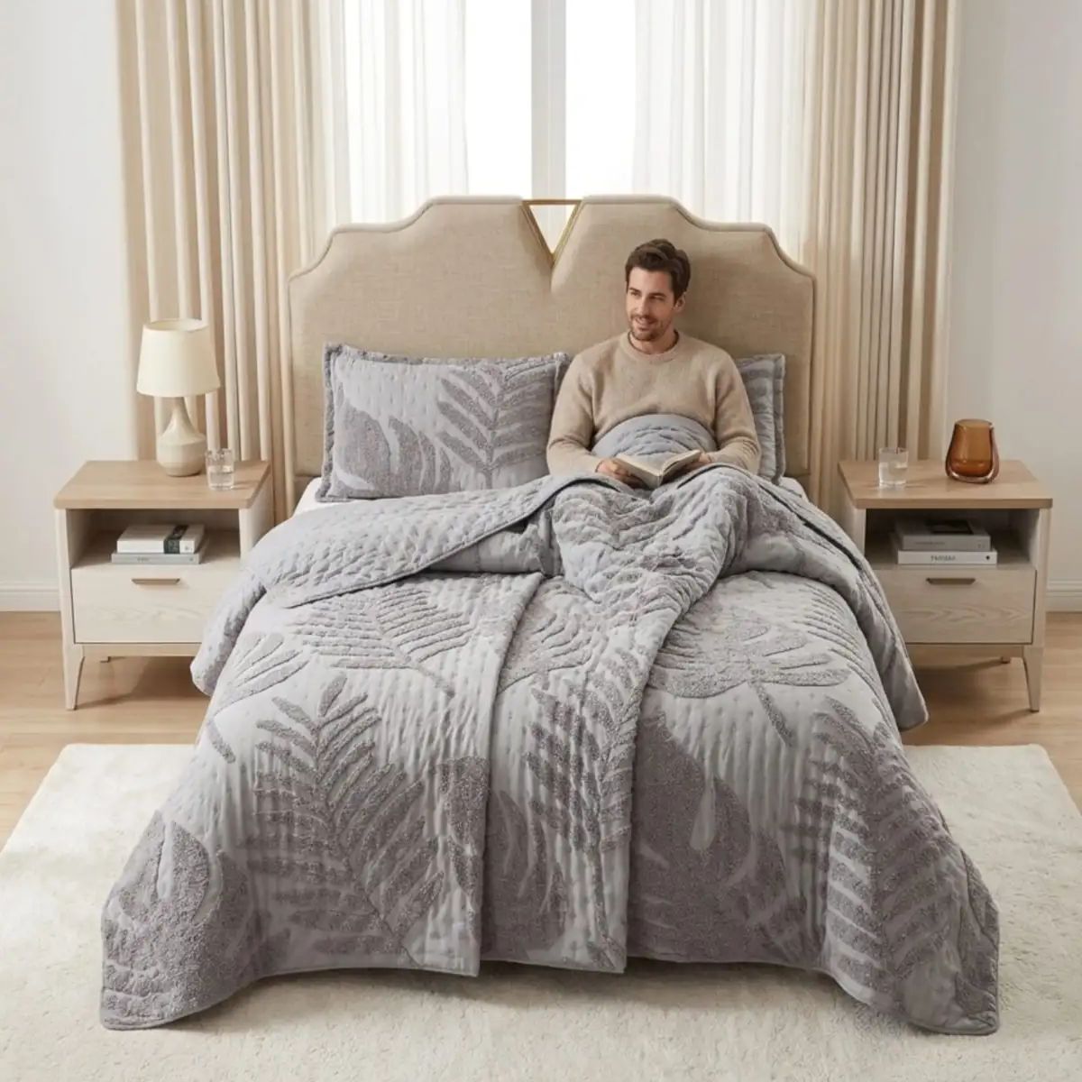 GENERICO - COBERTOR QUILT VERANO HOJA TUFTING PLAZA Y MEDIA GRIS