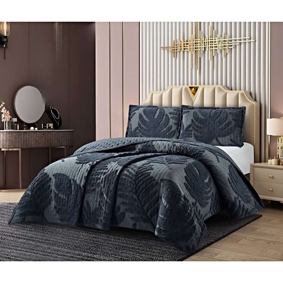 GENERICO - COBERTOR QUILT VERANO HOJA TUFTING PLAZA Y MEDIA GRIS