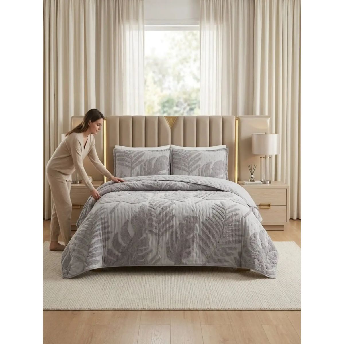 GENERICO - COBERTOR QUILT VERANO HOJA TUFTING 2 PLAZAS GRIS