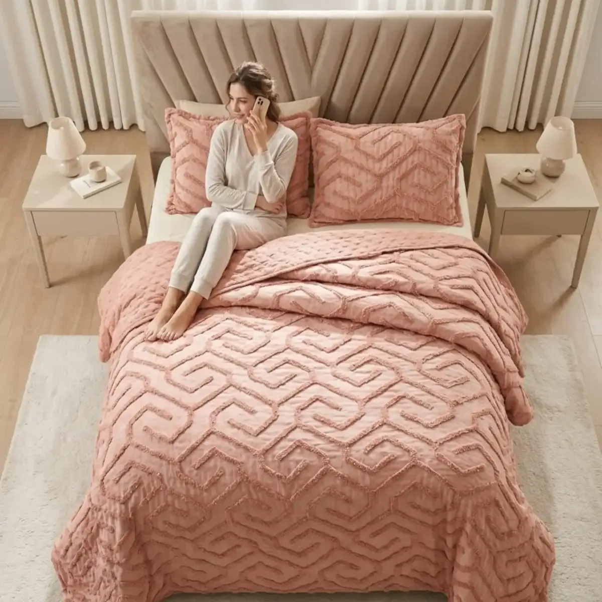 GENERICO - CUBRECAMA QUILT VERANO TUFTING 2 PLAZAS ROSADO