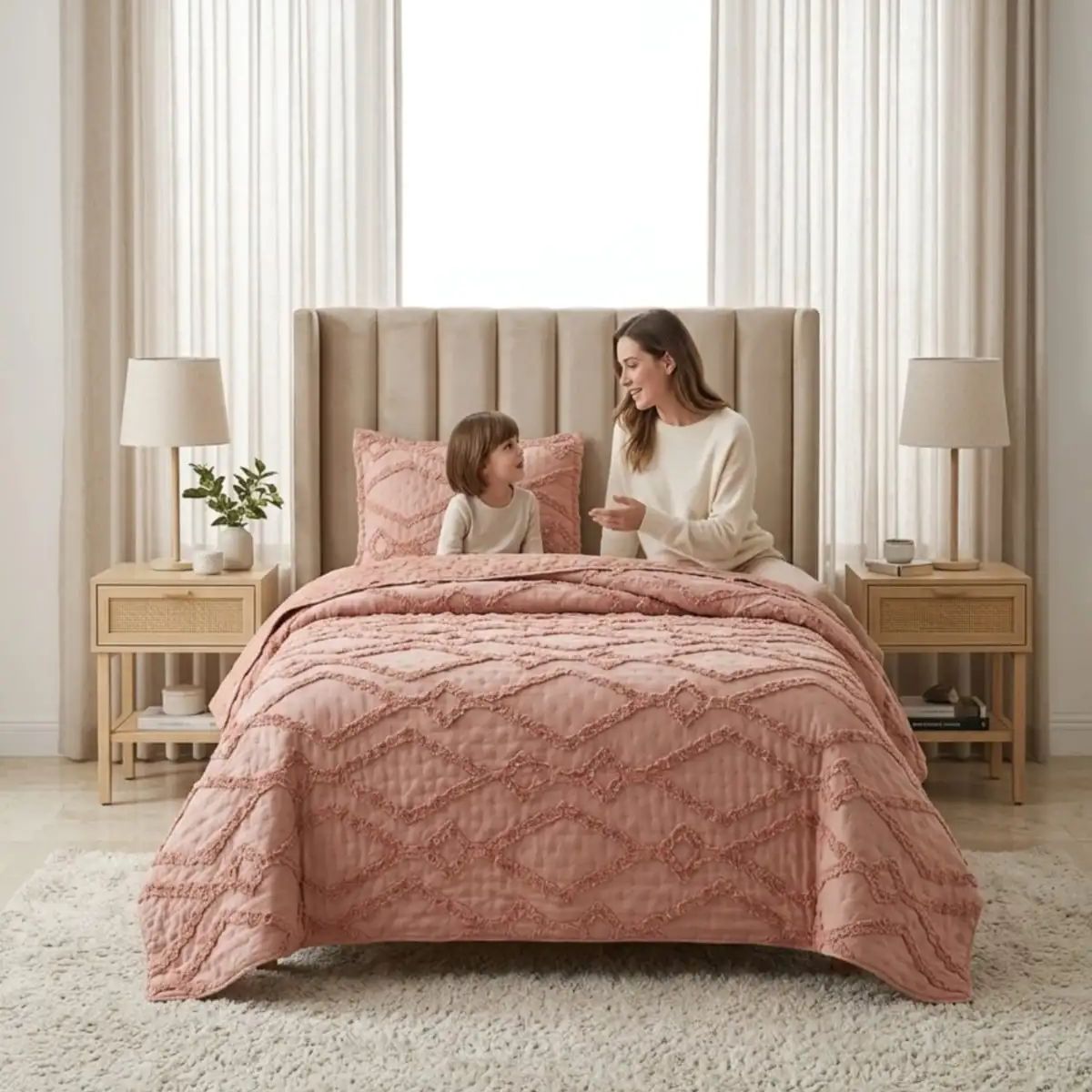 GENERICO - CUBRECAMA QUILT VERANO GEOMETRICO TUFTING PLAZA Y MEDIA ROSADO