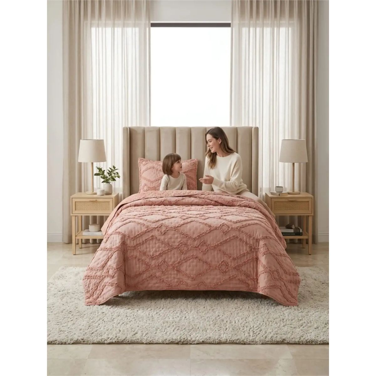 GENERICO - CUBRECAMA QUILT VERANO GEOMETRICO TUFTING PLAZA Y MEDIA ROSADO