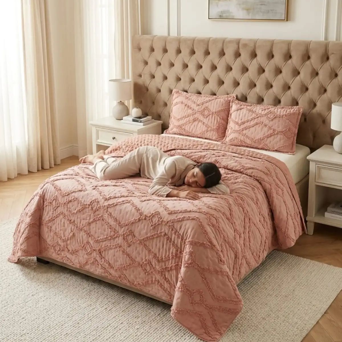 GENERICO - CUBRECAMA QUILT VERANO GEOMETRICO TUFTING 2 PLAZAS ROSADO