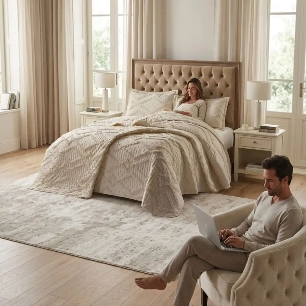 GENERICO - CUBRECAMA QUILT VERANO GEOMETRICO TUFTING 2 PLAZAS BEIGE