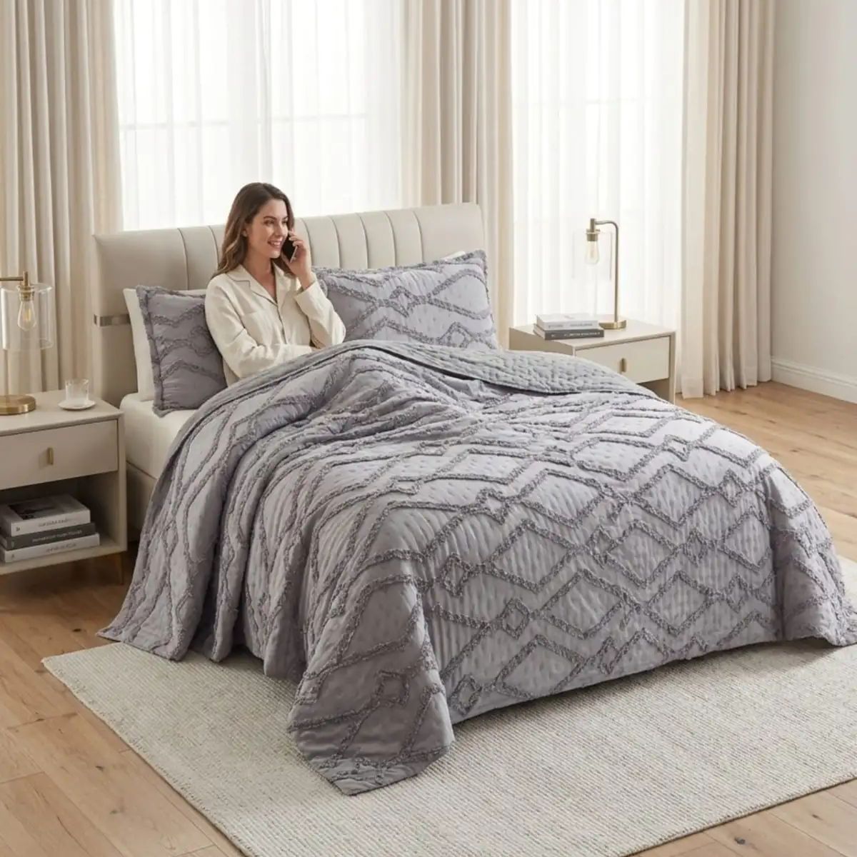 GENERICO - Quilt De Verano Tufting Liviano Diseño Geométrico King / Super king
