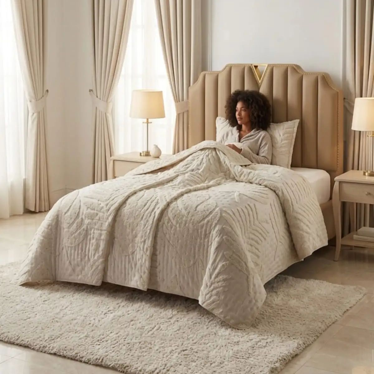 GENERICO - CUBRECAMA QUILT VERANO HOJA TUFTING PLAZA Y MEDIA BEIGE