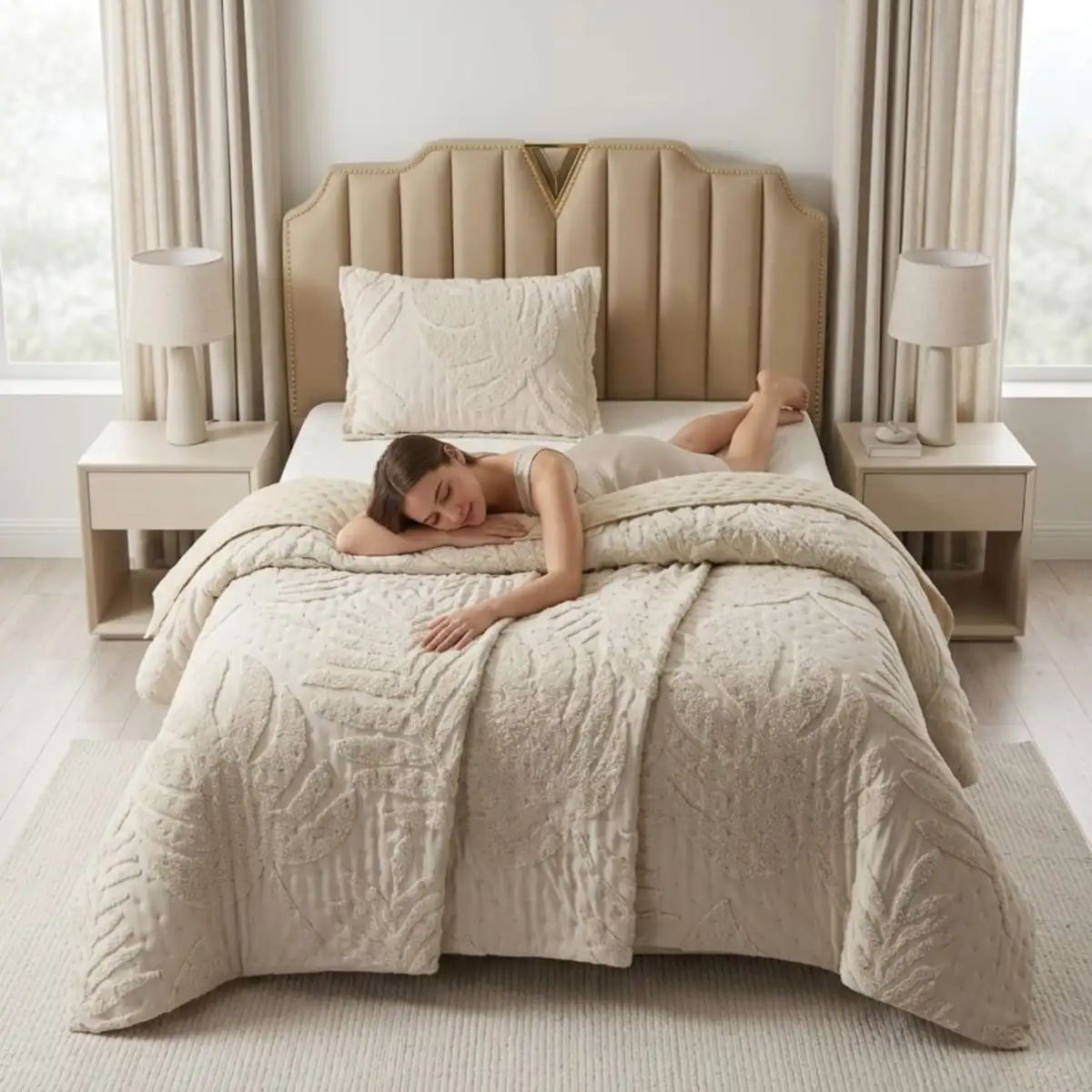 GENERICO - CUBRECAMA QUILT VERANO HOJA TUFTING PLAZA Y MEDIA BEIGE