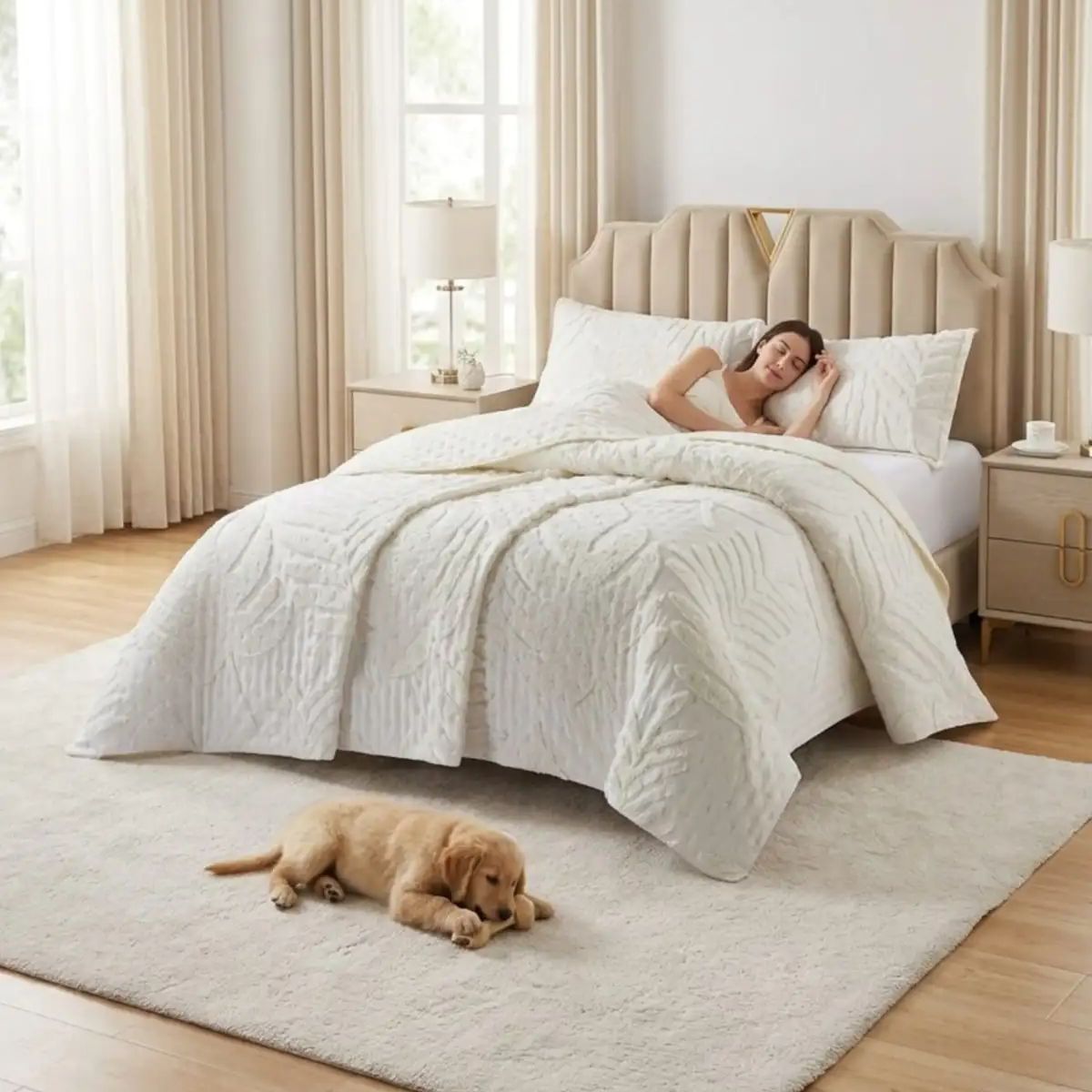GENERICO - CUBRECAMA QUILT VERANO HOJA TUFTING 2 PLAZAS BLANCO