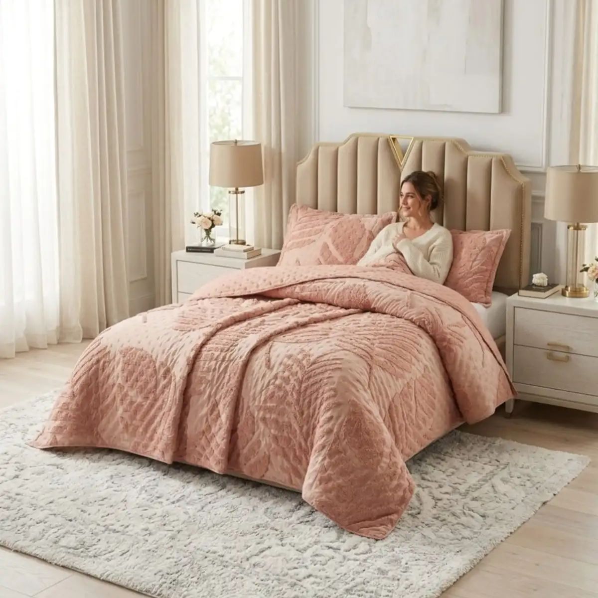 GENERICO - CUBRECAMA QUILT VERANO HOJA TUFTING KING-SUPERKING ROSADO.