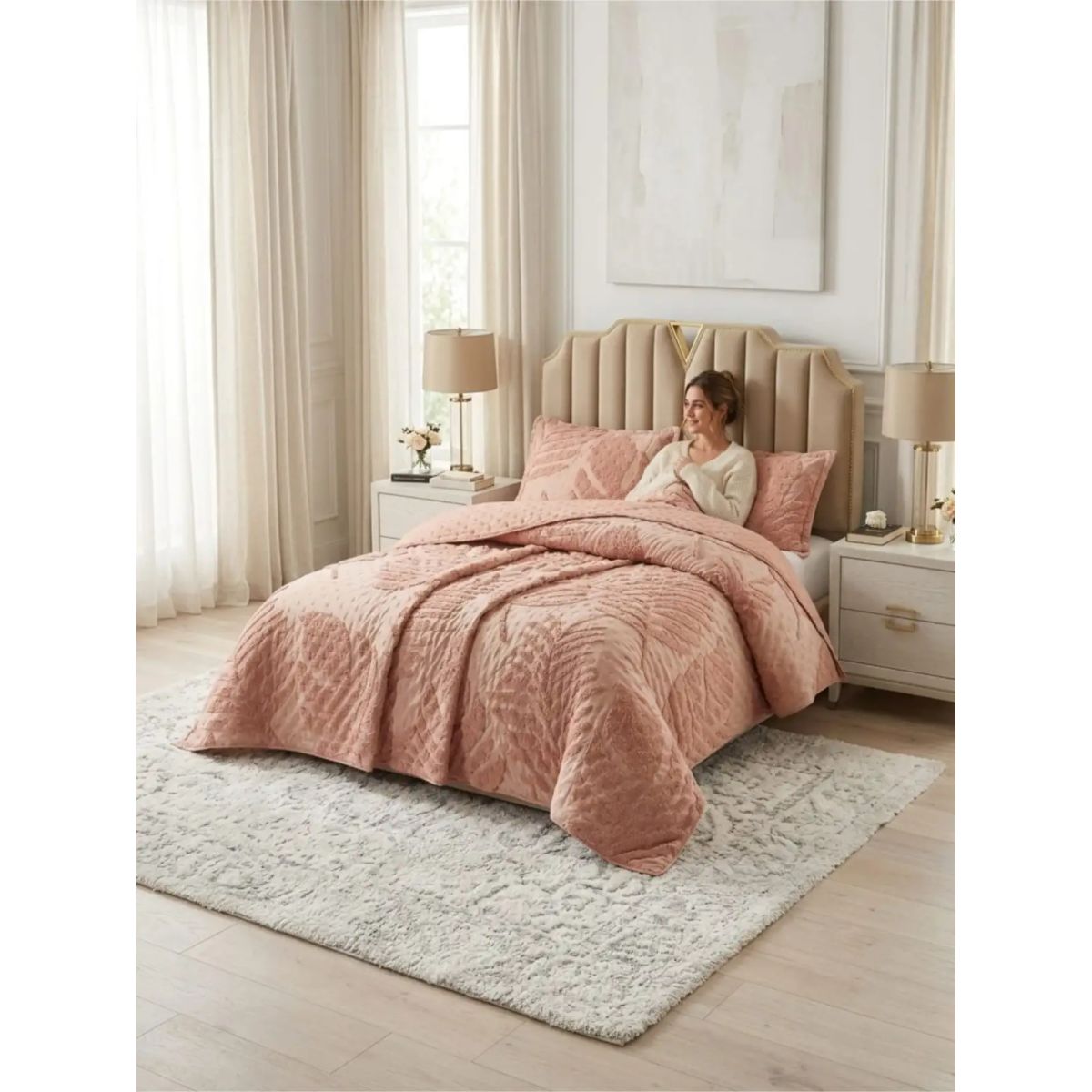 GENERICO - CUBRECAMA QUILT VERANO HOJA TUFTING KING-SUPERKING ROSADO.